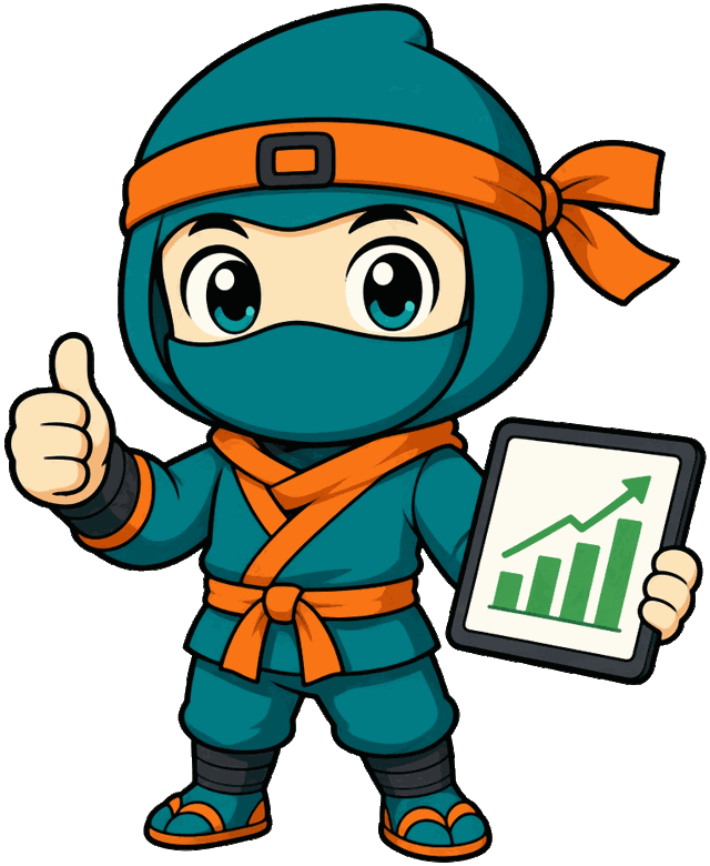 Paid Traffic Ninja mascot giving a thumbs up and holding a tablet with a rising chart